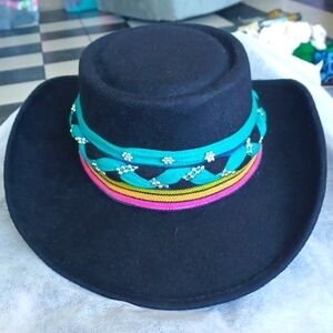 Alamo Hats Women Adorned Western Hat, Black, Multicolored Ribbon, Silver Buckle